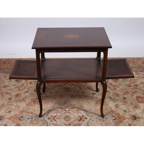 486 - A MAHOGANY WALNUT AND MARQUETRY TABLE of rectangular outline the shaped top with floral inlaid panel... 