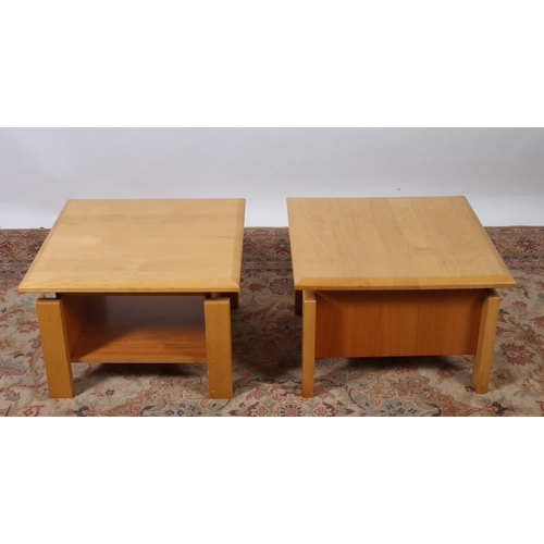 732 - A PAIR OF BEECHWOOD END TABLES each of square form the shaped tops on square moulded legs joined by ... 