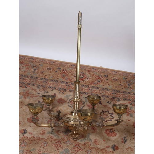 747 - A 19TH CENTURY BRASS FIVE BRANCH HANGING CENTRE LIGHT the cylindrical column issuing five scroll arm... 