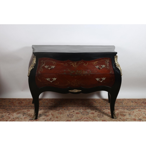 755 - A CONTINENTAL EBONISED PARQUETRY AND POLYCHROME COMMODE of bombe outline the shaped top above two lo... 