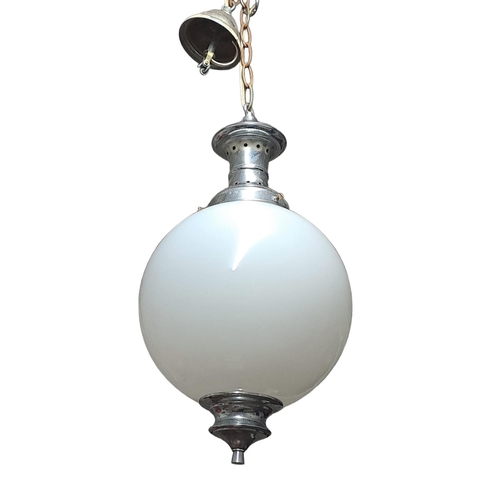 870 - A VINTAGE CHROME AND OPALINE GLASS CENTRE LIGHT of bulbous form with link chain suspension 
50cm dro... 