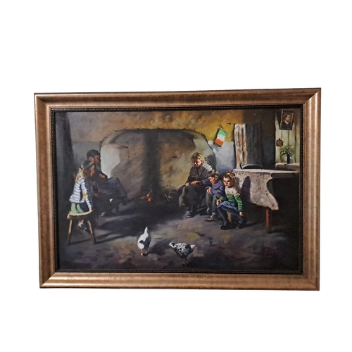 100 - Interior Scene 
Figures seated by a Fire
Oil on canvas
Signed Jose Mange, dated '89
50cm (h) x 90cm ... 