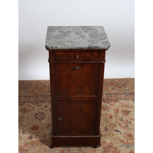 110 - A 19TH CENTURY MAHOGANY PEDESTAL of rectangular outline surmounted by a veined marble top above a fr... 