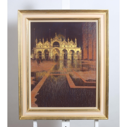 135 - LIONEL AGGETT (RIBA, SWAC)
Night Reflections Piazza San Marco 
Pastel
Signed lower left 
Bears label... 