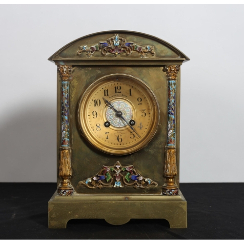 154 - A 19TH CENTURY FRENCH BRASS AND CLOISONNE CLOCK the rectangular arched case with gilt brass dial fla... 