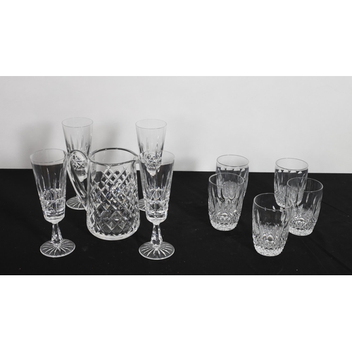 161 - A SET OF FIVE WATERFORD CUT GLASS TUMBLERS, four Waterford cut glass champagne flutes, etc.