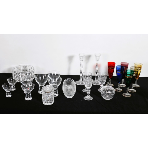 163 - A COLLECTION OF GLASSWARE to include a pair of cut glass candlesticks, a Waterford cut glass bowl, a... 