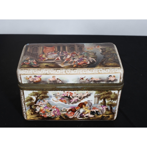 177 - A CONTINENTAL PORCELAIN TABLE CASKET moulded in relief with gladiatorial scenes 
15cm (h) x 24cm (w)... 