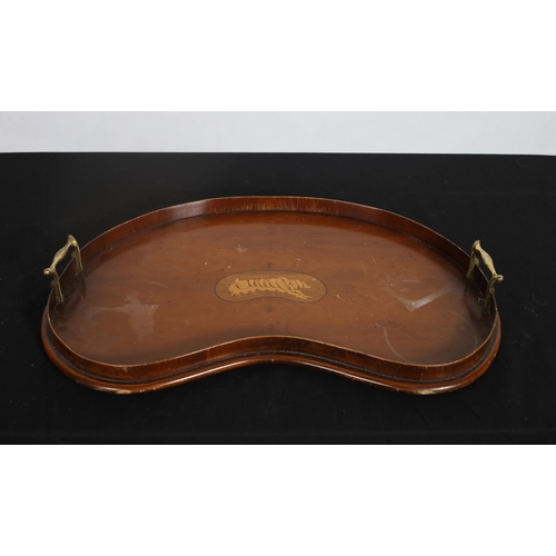 180 - A MAHOGANY INLAID KIDNEY SHAPED SERVING TRAY with brass carrying handles 
7cm (h) x 58cm (w) x 40cm ... 