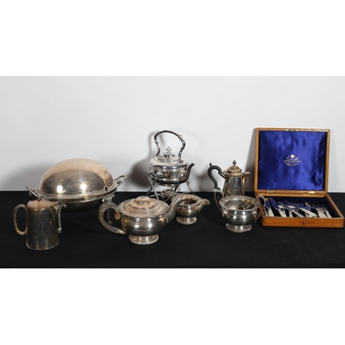 181 - A MISCELLANEOUS COLLECTION to include a plated turnover dish, a three piece plated tea set, a plated... 