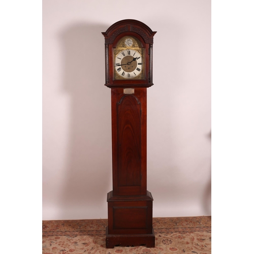 208 - A GEORGIAN STYLE MAHOGANY LONG CASED CLOCK  the arched hood with fluted pilasters containing a brass... 