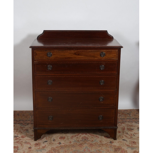 209 - AN EDWARDIAN MAHOGANY INLAID CHEST of rectangular outline the shaped top with moulded back above fiv... 