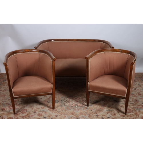 211 - A VINTAGE MAHOGANY INLAID THREE PIECE DRAWING ROOM SUITE comprising a two seater settee the curved t... 