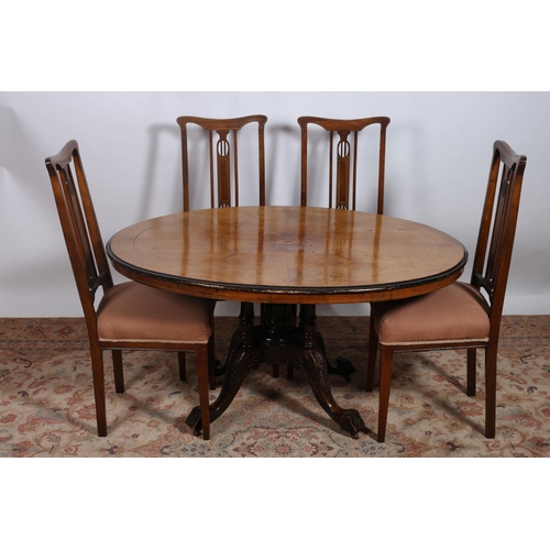 212 - A FIVE PIECE MAHOGANY INLAID DINING ROOM SUITE comprising a 19th century pod table of oval outline r... 