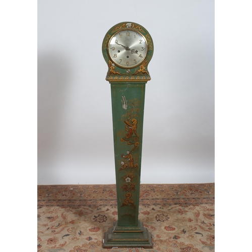 220 - A VINTAGE GREEN LACQUERED AND GILT GRANDMOTHER CLOCK decorated with figures, flowerheads and foliage... 