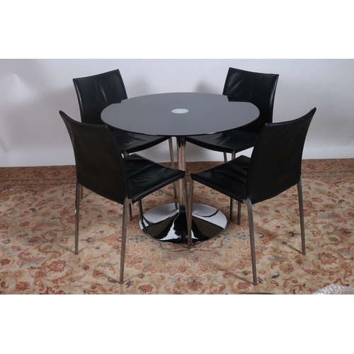 232 - A FIVE PIECE CHROME AND GLAZED DINING ROOM SUITE comprising a circular black glazed table raised wit... 