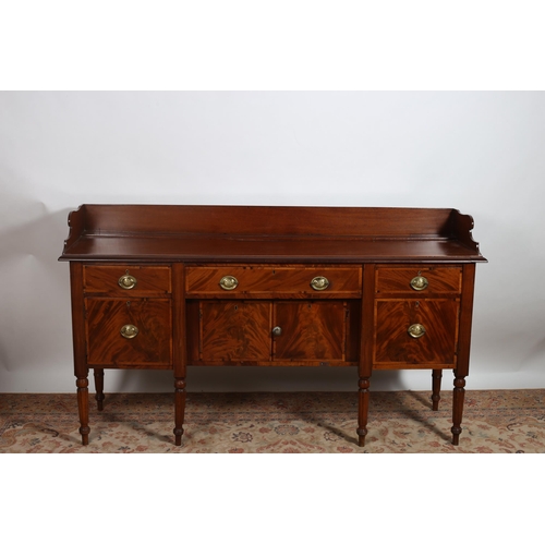 235 - A 19TH CENTURY MAHOGANY CROSSBANDED SIDEBOARD of rectangular outline the shaped top with moulded thr... 