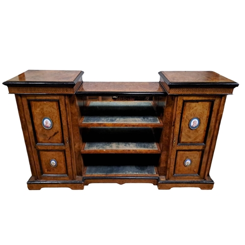 247 - A GOOD 19TH CENTURY BURR WALNUT INLAID GILT BRASS MOUNTED SIDE CABINET of rectangular breakfront out... 