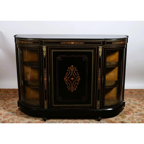 257 - A 19TH CENTURY EBONISED AND SATINWOOD INLAID SIDE CABINET of rectangular bowed outline the shaped to... 