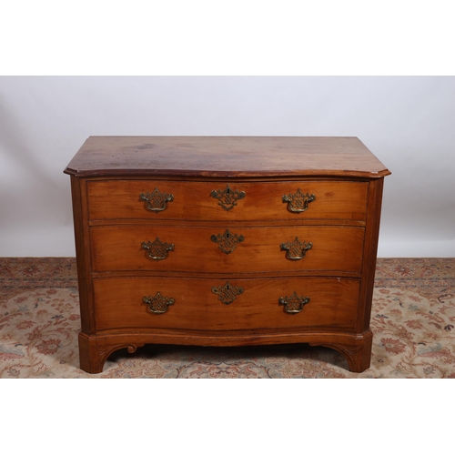 263 - A 19TH CENTURY MAHOGANY CHEST of serpentine outline the shaped top above three long graduated drawer... 