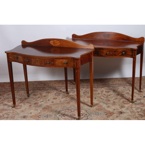 294 - A PAIR OF SHERATON DESIGN MAHOGANY AND SATINWOOD INLAID SIDE TABLES each of serpentine outline the s... 