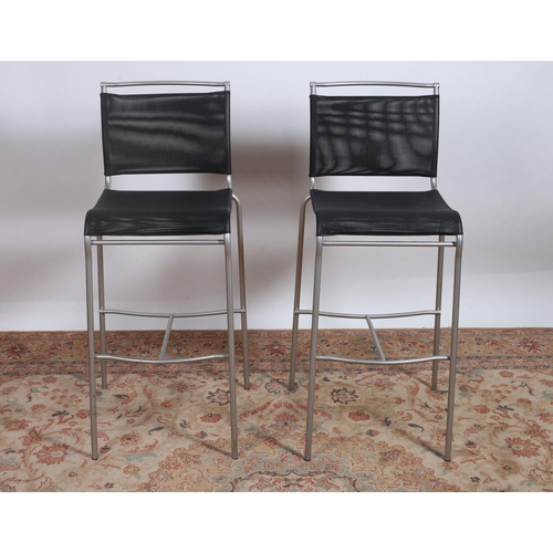 295 - A PAIR OF CALLIGARIS CHROME TUBULAR HIGH STOOLS, with black mesh seats