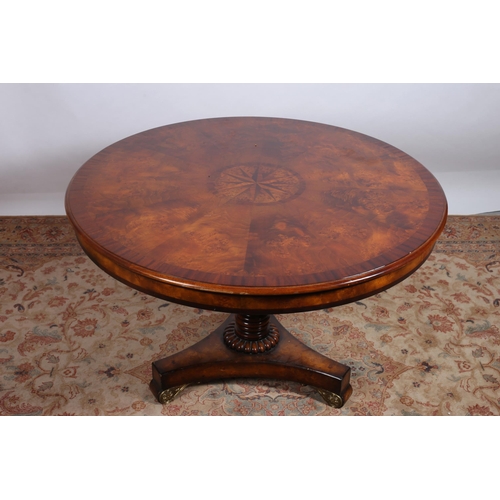 304 - A REGENCY STYLE WALNUT CROSSBANDED TABLE of circular outline the shaped top with central inlaid pane... 