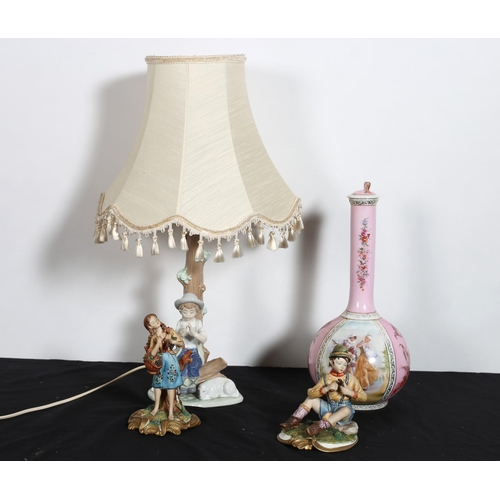 310 - A PAIR OF CONTINENTAL PORCELAIN FIGURES, a Nao figural table lamp with shade and a continental lidde... 