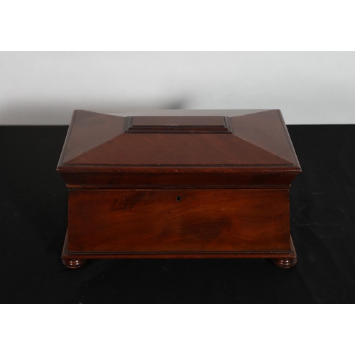 315 - A 19TH CENTURY MAHOGANY TEA CADDY of sarcophagus outline the hinged lid containing lidded compartmen... 