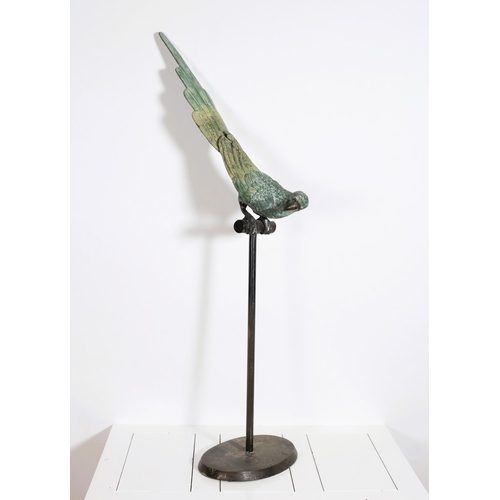 358 - A BRONZE AND METAL FIGURE modelled as a parrot shown perched on a stand raised on a cylindrical colu... 