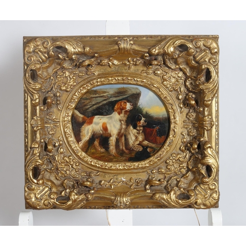 364 - SETTERS ON THE ALERT
An oval oil on panel in gilt frame
19cm (h) x 24cm (w)