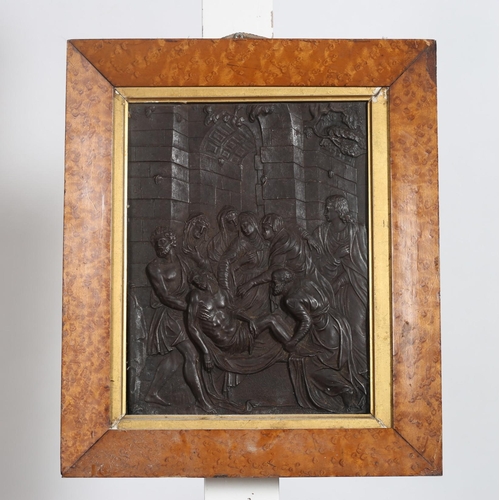 371 - A 19TH CENTURY  RELIEF PLAQUE of the Entombment of Christ in birdseye maple frame 
24cm (h) x 19cm (... 