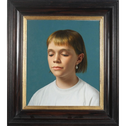 379 - DAVID DENBY
Head and Shoulder Portrait of a Young Girl
Oil on board
Signed and inscribed verso 
33cm... 