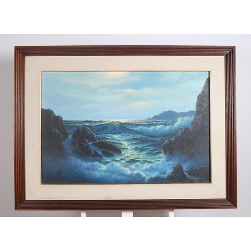 380 - MOONLIGHT 
Night Seascape
Oil on canvas
Instantly Signed lower left
59cm (h) x 89cm (w)