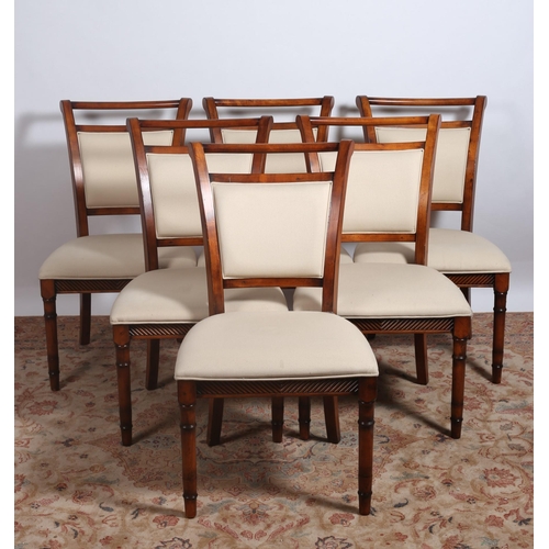 427 - A SET OF SIX CHIPPENDALE DESIGNER CHERRYWOOD AND UPHOLSTERED DINING CHAIRS each with a cylindrical t... 