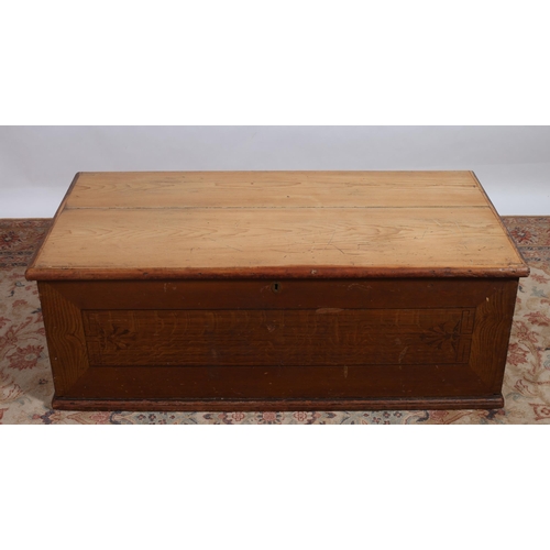 436 - A VINTAGE PINE TRUNK of rectangular outline the hinged lid above a moulded apron on platform base wi... 