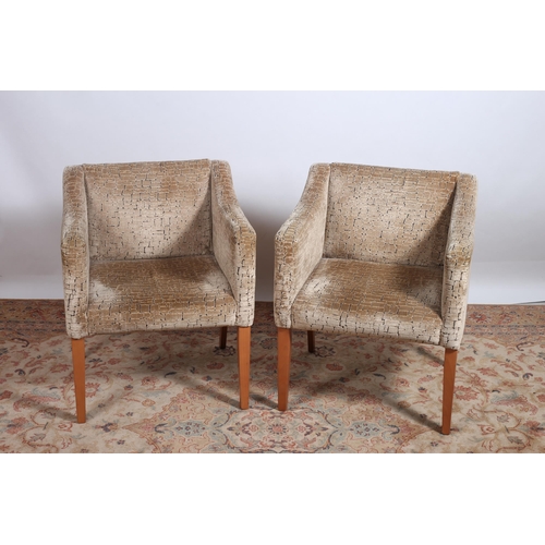 450 - A PAIR OF CONTEMPORARY BEECHWOOD AND UPHOLSTERED ARMCHAIRS each with a rectangular back with shaped ... 