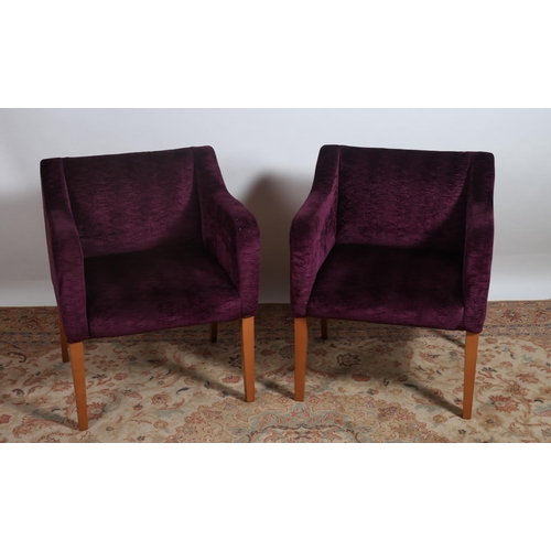 451 - A PAIR OF DESIGNER CHERRYWOOD AND UPHOLSTERED ARMCHAIRS each with a rectangular back and seat with s... 