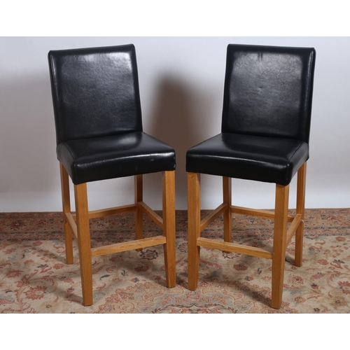 452 - A PAIR OF BEECHWOOD AND REXIAN UPHOLSTERED HIGH STOOLS each with a rectangular back and seat on squa... 