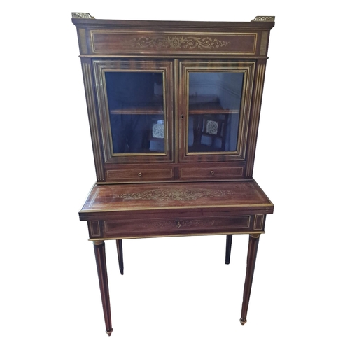 476 - A FINE 19TH CENTURY MAHOGANY AND BRASS INLAID BONHEUR DU JOUR DESK the superstructure with pierced b... 