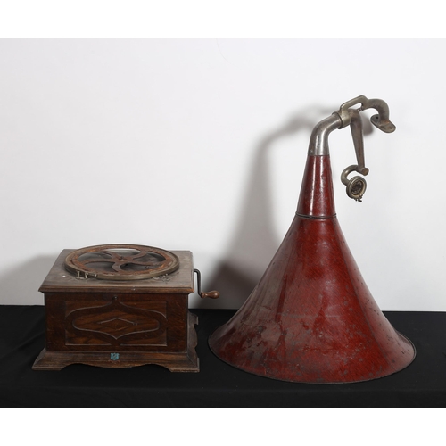 502 - A VINTAGE OAK CASE GRAMOPHONE with chrome and polychrome horn