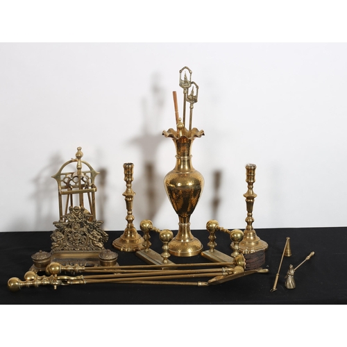 508 - A COLLECTION OF BRASSWARE to include vases, candlesticks, companion set, etc.