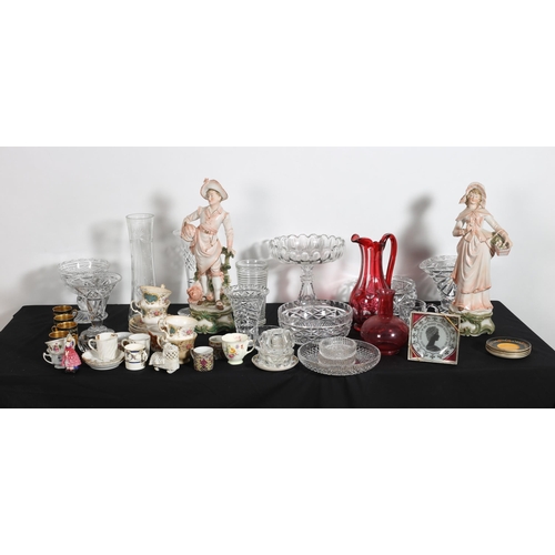 516 - A MISCELLANEOUS COLLECTION to include ruby glass, clear glass, part tea sets, china figures, etc. 
O... 