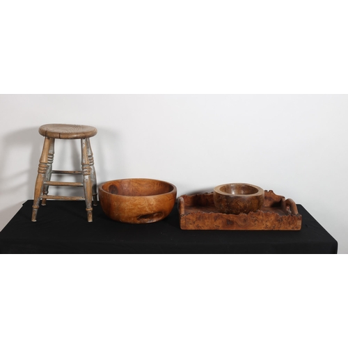 519 - A VINTAGE BEECHWOOD LOW STOOL, a burr walnut gallery tray with carrying handles together with two ha... 