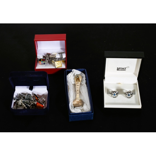 530 - A PAIR OF MONT BLANC CUFFLINKS, silver christening spoon, a collection of various cufflinks