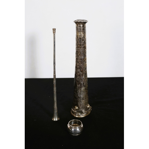 540 - A SILVER ENGRAVED TANTOUR of cylindrical spreading form with three rings 32cm (h), a miniature silve... 