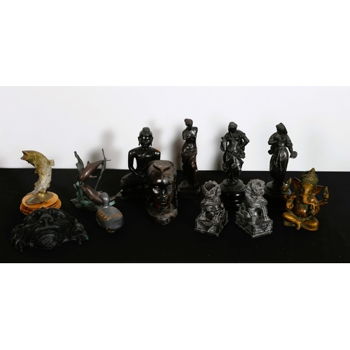 541 - A MISCELLANEOUS COLLECTION to include a pair of marble foo dogs, an African carved bust, a brass fig... 