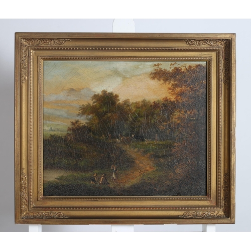 595 - DUTCH SCHOOL 19TH CENTURY   WOODED LANDSCAPE WITH CATTLE AND FIGURES 
Oil on canvas
Bears label vers... 