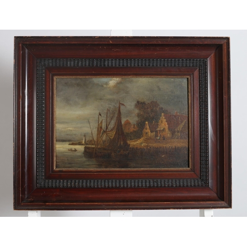 596 - DUTCH SCHOOL 19TH CENTURY  
Shoreline with Sailing Boats and Figures
Oil on panel 
24cm (h) x 35cm (... 