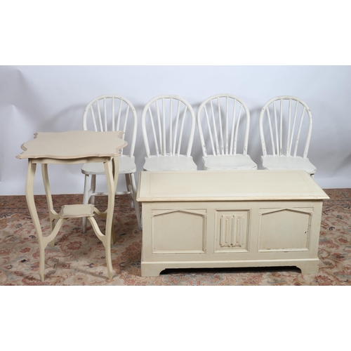 763 - FOUR VINTAGE WHITE PAINTED KITCHEN CHAIRS each with a curved top rail with vertical splats and panel... 